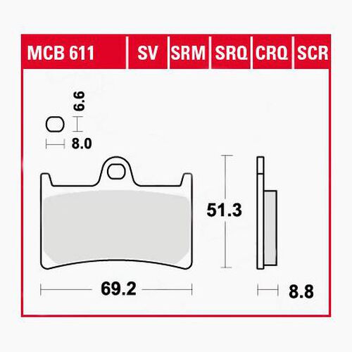 Plaquettes de frein de moto TRW Lucas plaquettes de frein MCB611  69,2x51,3x8,8mm Neutre