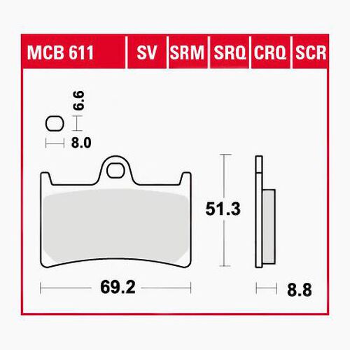 Plaquettes de frein de moto TRW Lucas plaquettes de frein MCB611SRT 69,2x51,3x8,8mm Neutre