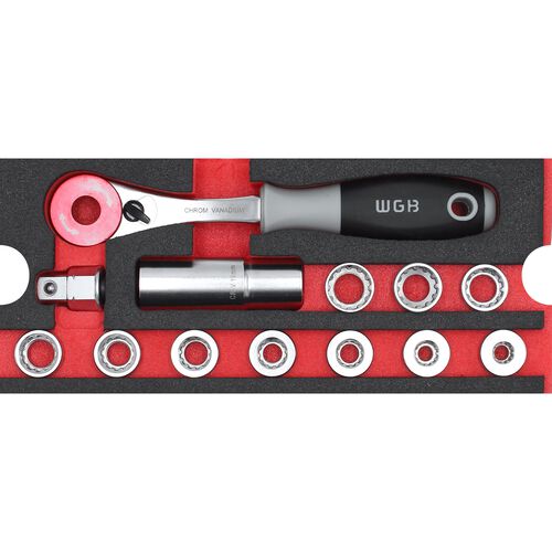 Hexagon Keys, Torx & Inch Tools WGB MES red Go-Through socket set with ratchet 13-piece Beige