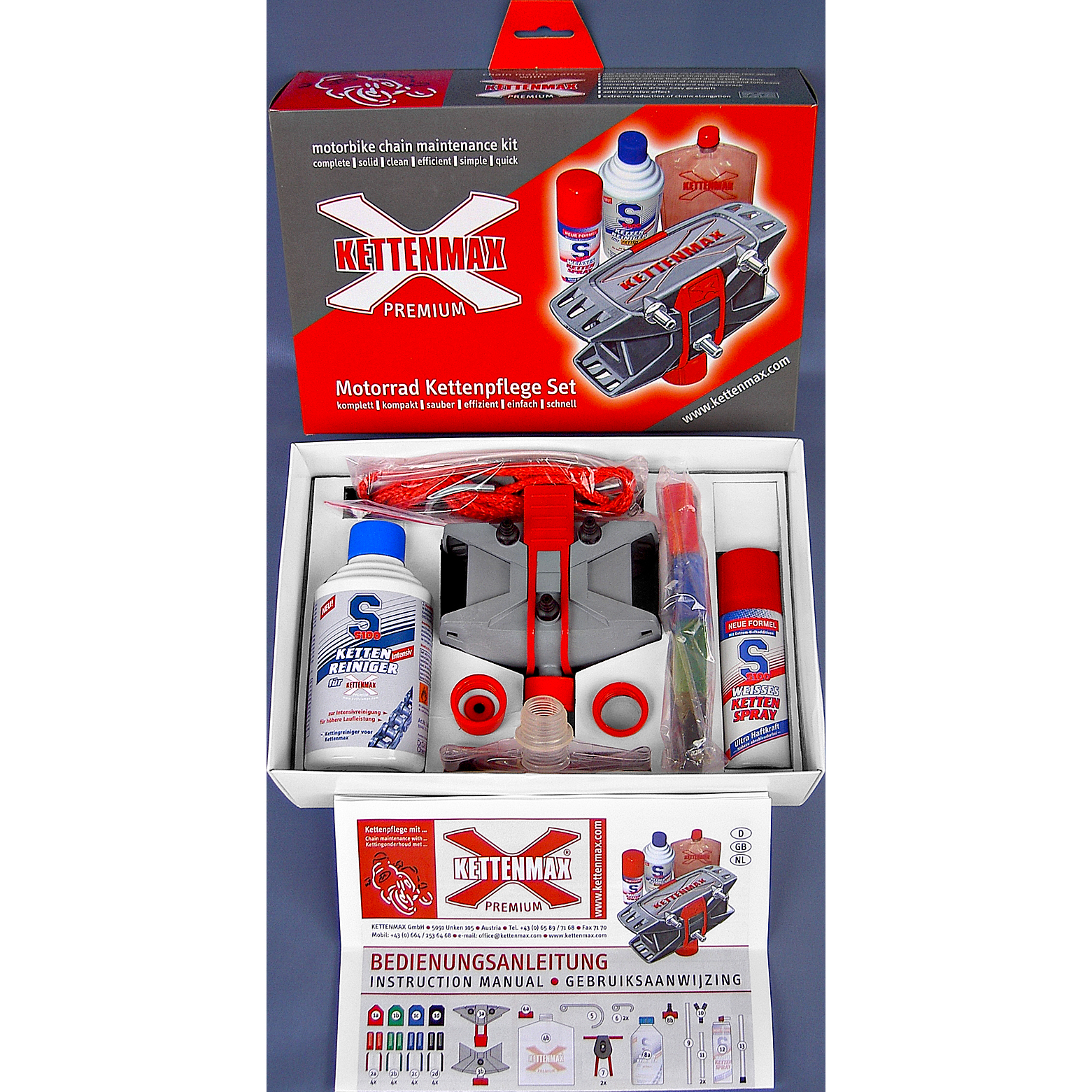 Kettenmax Premium Ketten-Pflegewerkzeug mit S100 Kettenreiniger/-spray - Motorradzubehör - Reinigung & Pflege
