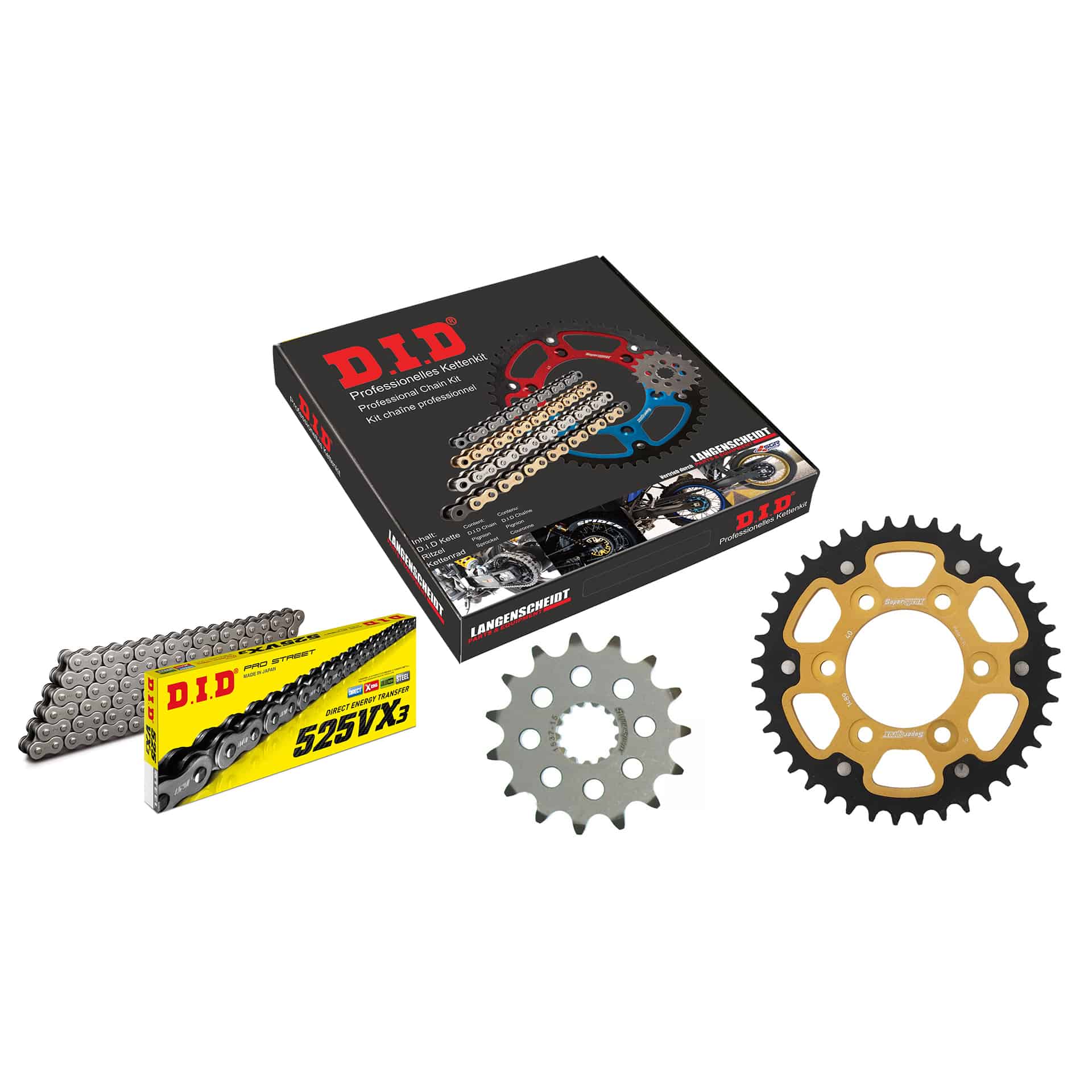 D.I.D. Supersprox kit chaîne Stealth 525VX3 rivet X 15/40/110 or pour Kawasaki