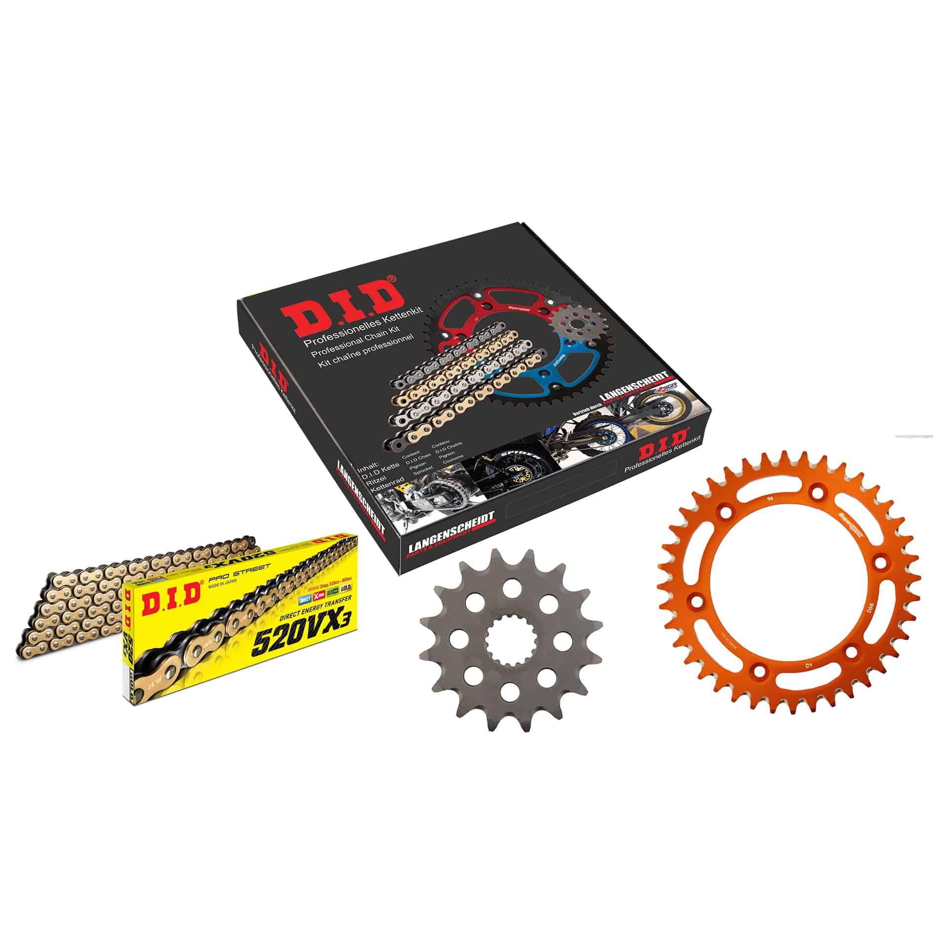 D.I.D. chain kit Alu 520VX3(G&B) rivet X 16/40/114 orange for KTM
