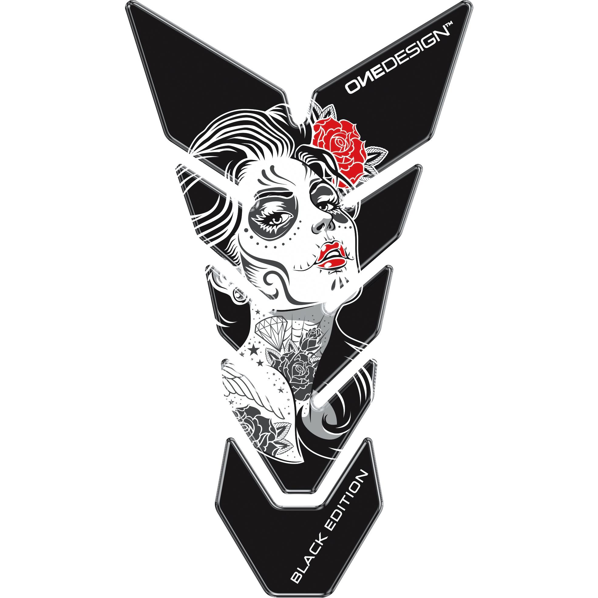 ONEDESIGN Tankpad CG 225x130mm Woman Tatoo schwarz/weiß/rot - Motorradteile & Ersatzteile - Verkleidungen & Abdeckungen