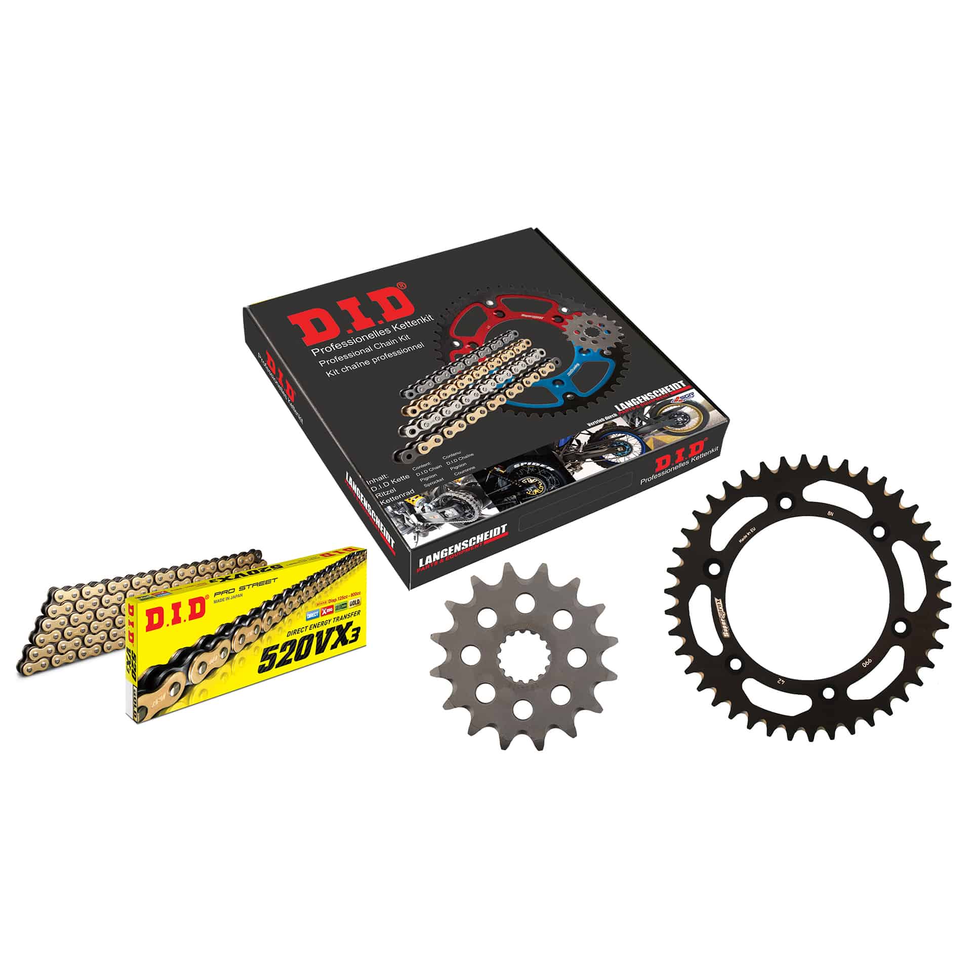 D.I.D. Kit chaîne Alu 520VX3(G&B) clip X 16/42/118 noir pour KTM D