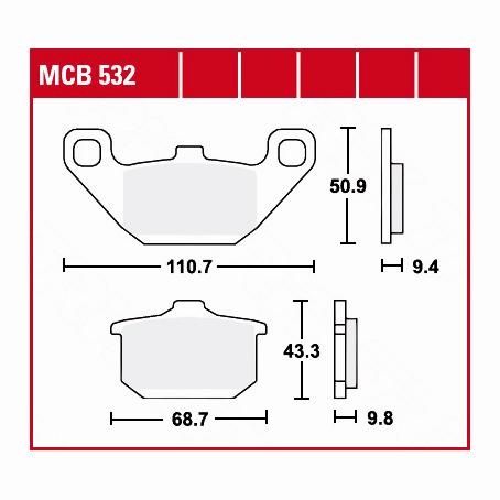 TRW Lucas Bremsbeläge organisch MCB532  110,7/68,7x50,9/43,3x9,4/9,8mm - Motorradteile & Ersatzteile - Bremsen